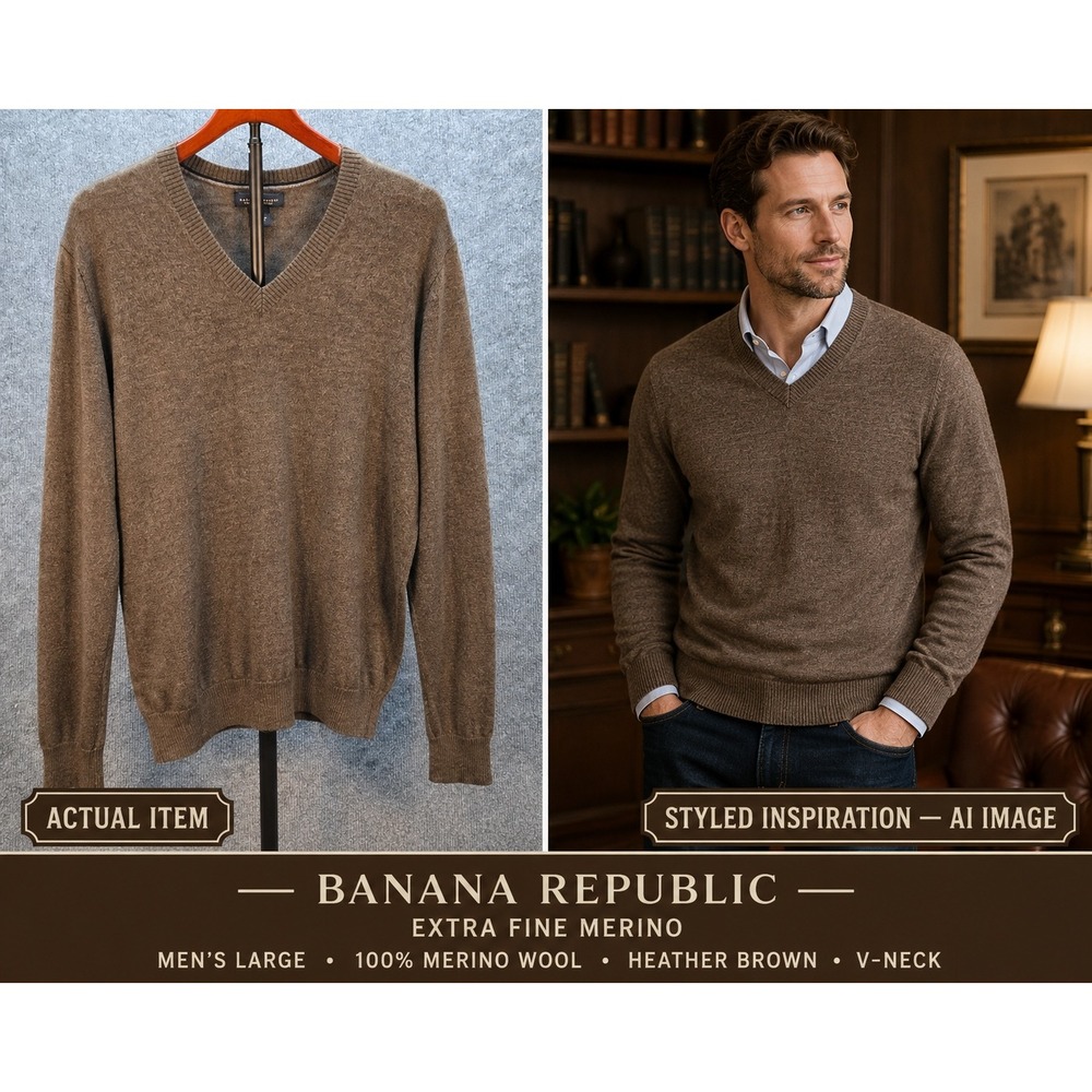 Banana Republic V-Neck Sweater Mens Extra Fine Merino Wool Brown Large Excellent